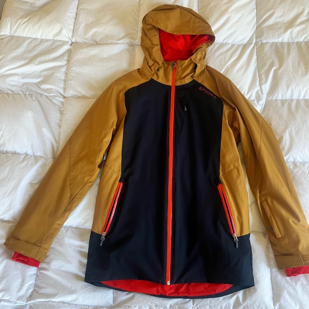 Spyder Tan and Black Hooded Ski Jacket with Red Details